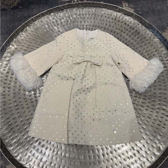 pili carrera cream metallic dot dress with fur size 5 nwt